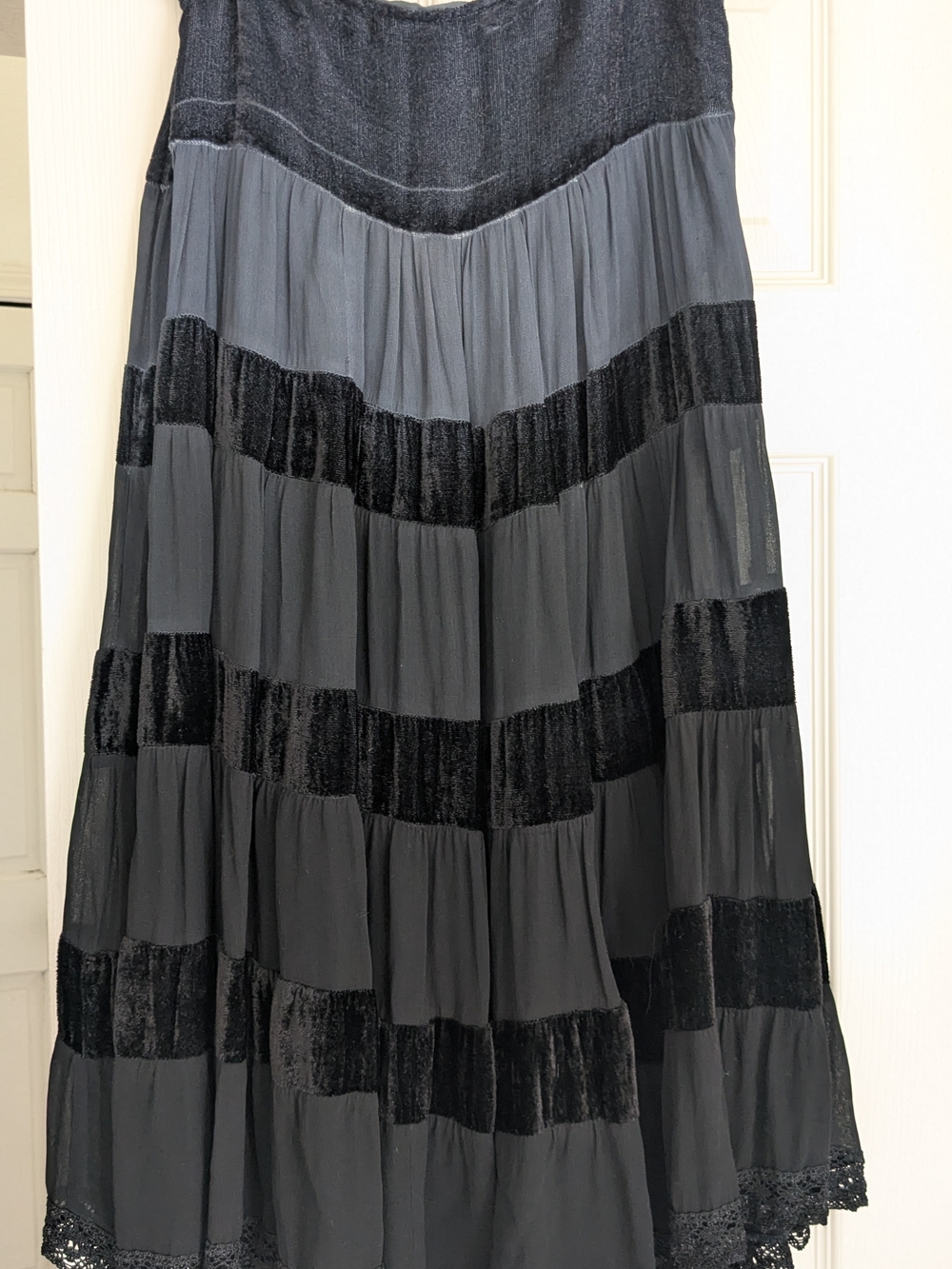 Tiered Black Maxi Skirt with Velvet Inset Panels
